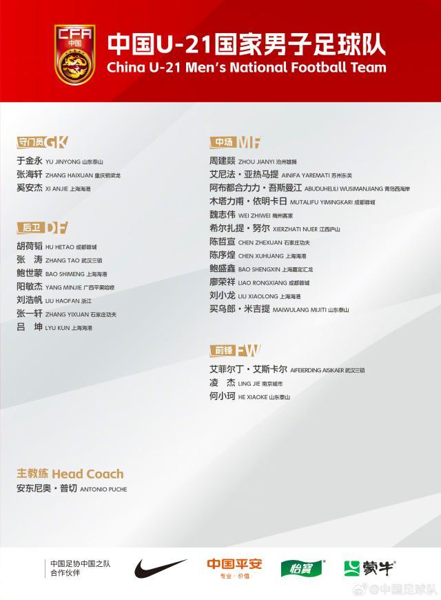 U21男足最新一期集训名单：胡荷韬、木塔力甫入选